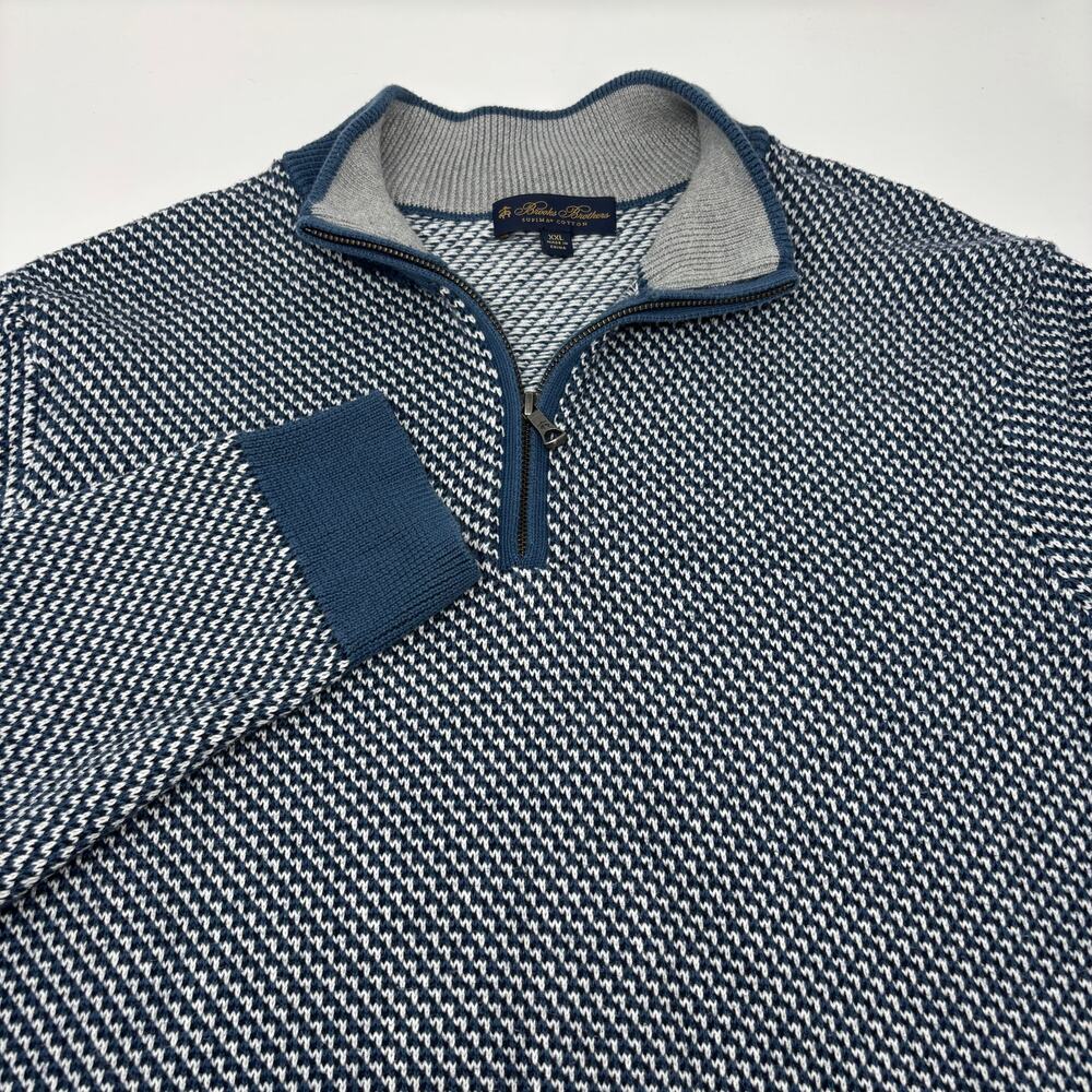 Brooks Brothers 2XL Blue White Long Sleeve Pullover 1/4 Zip Sweater
